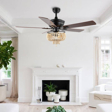 Opal 52" Farmhouse Rustic Wood Bead Shade LED Ceiling Fan With Remote - JONATHAN Y